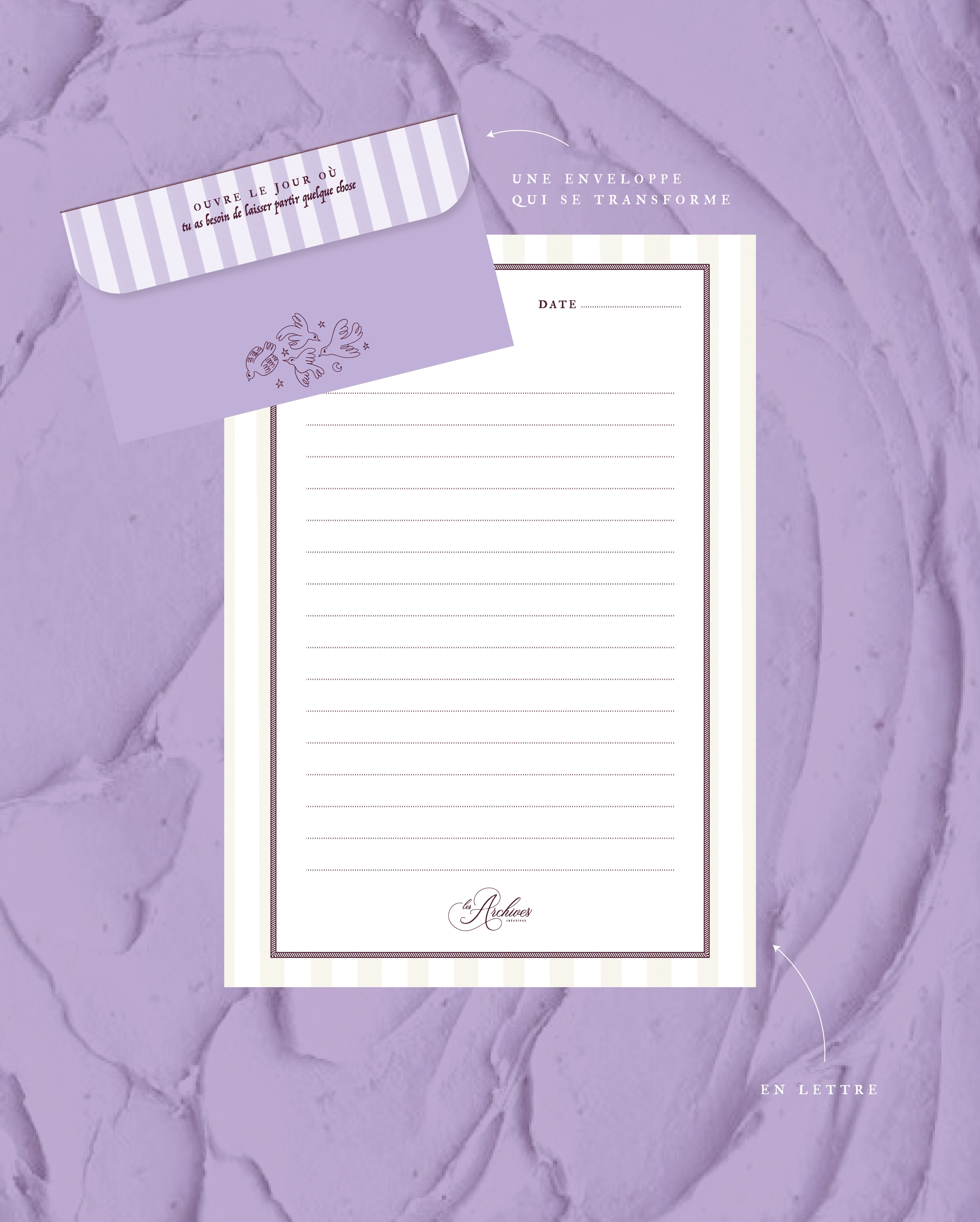Les Correspondances, enveloppe violette et papier à lettre