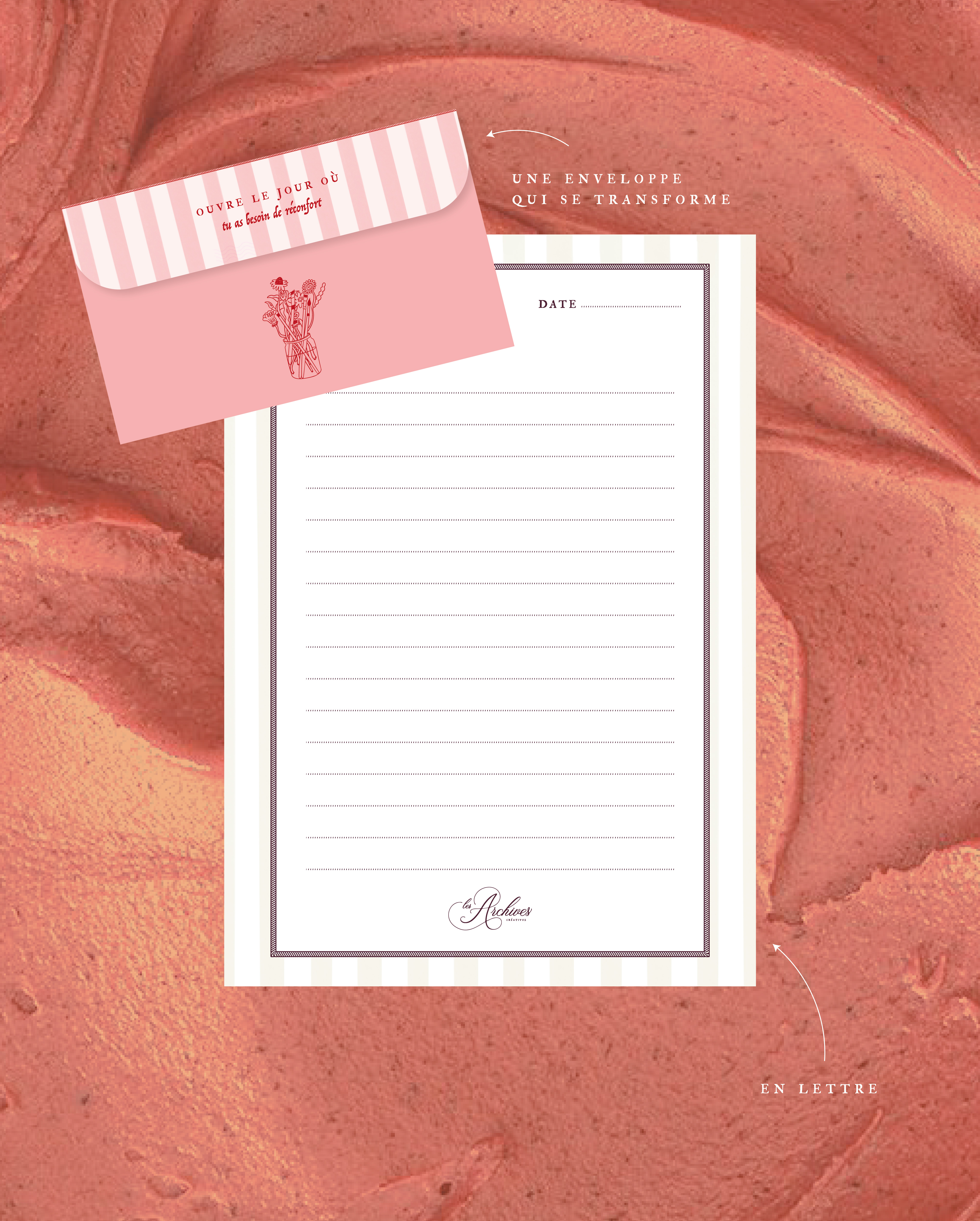 Les Correspondances, enveloppe rose et papier à lettre